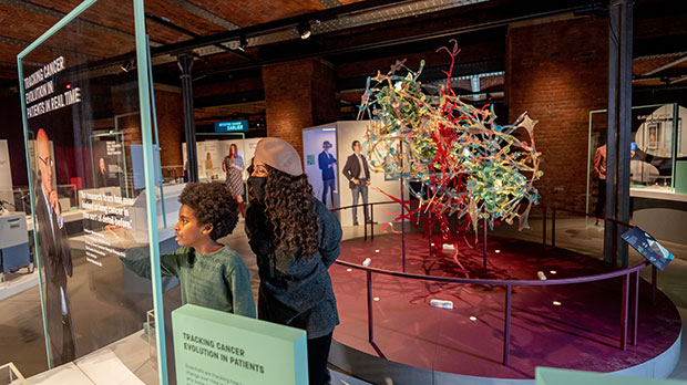 A mother and son exploring the Cancer Revolution exhibition