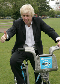 London Mayor Boris Johnson on a hire bike