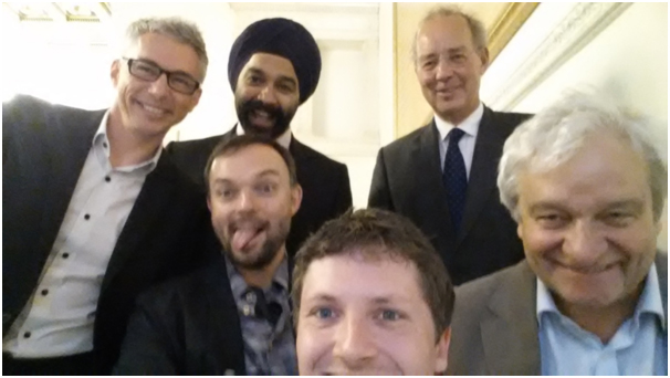 Science selfie - (left to right): Jonathan Edwards, Professor Andy Oates, Harpal Kumar, Dr Sam Godfrey, Charles Manby, Sir Paul Nurse