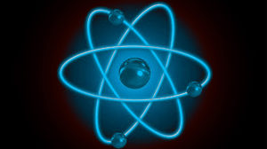 An image of electrons circling round a proton nucleus.