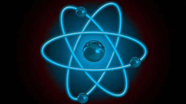 An image of electrons circling round a proton nucleus.