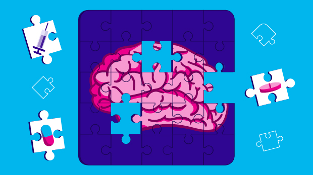 Illustration of a puzzle of a brain with missing pieces