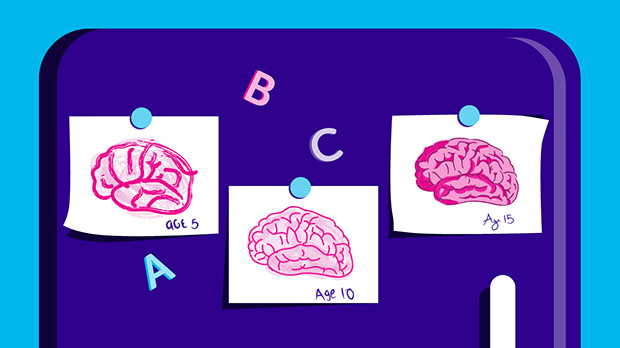 Illustration of a fridge with pictures of brains drawn by children stuck on