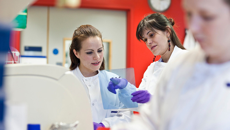 Two researchers discussing an experiment