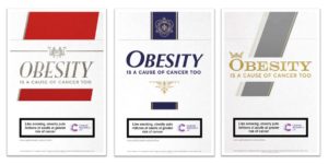 Campaign images inspired by old cigarette packs featuring warnings about obesity and cancer risk