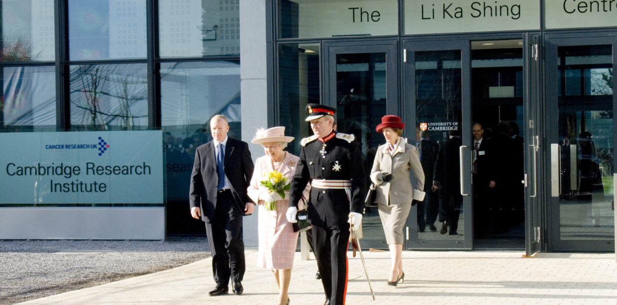 HRH The Queen leaving the Cambridge Research Institute.