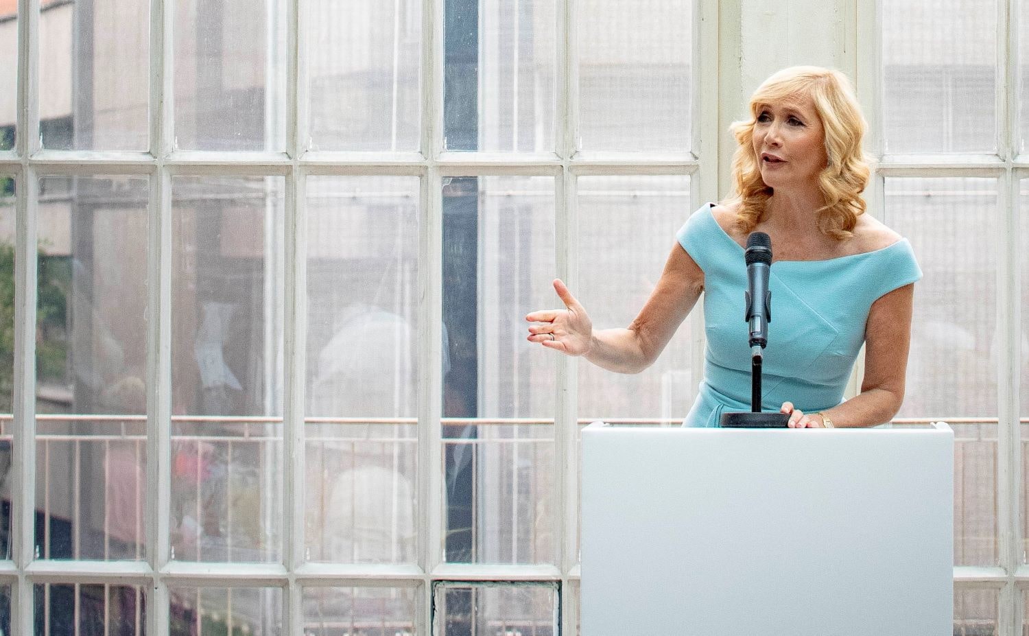 Tania Bryer speaking at an event in front of a large window