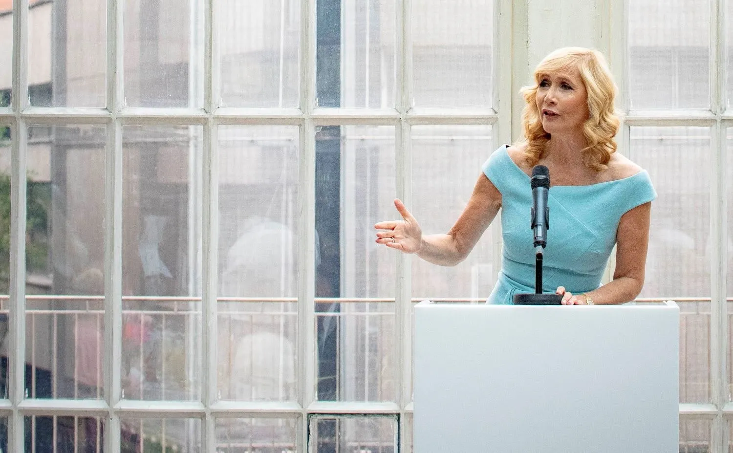 Tania Bryer speaking at an event in front of a large window