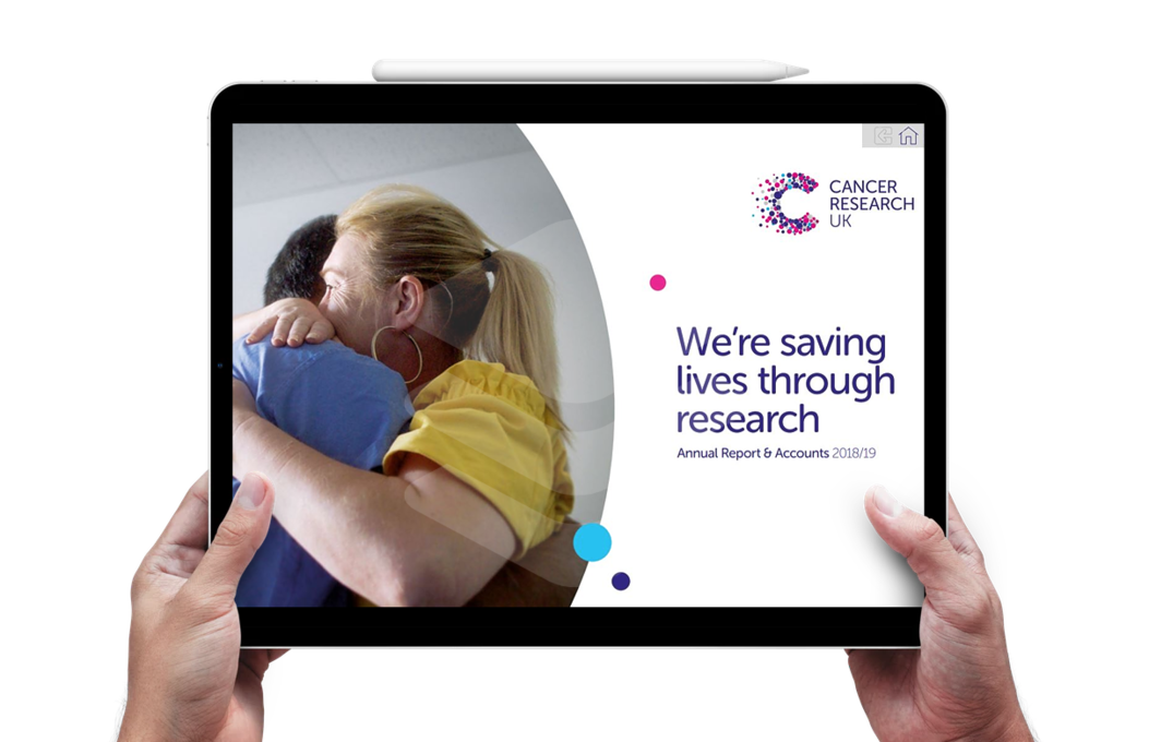 Front cover image for Cancer Research UK's Annual Reports and Accounts. Image shows a man and a woman embracing.