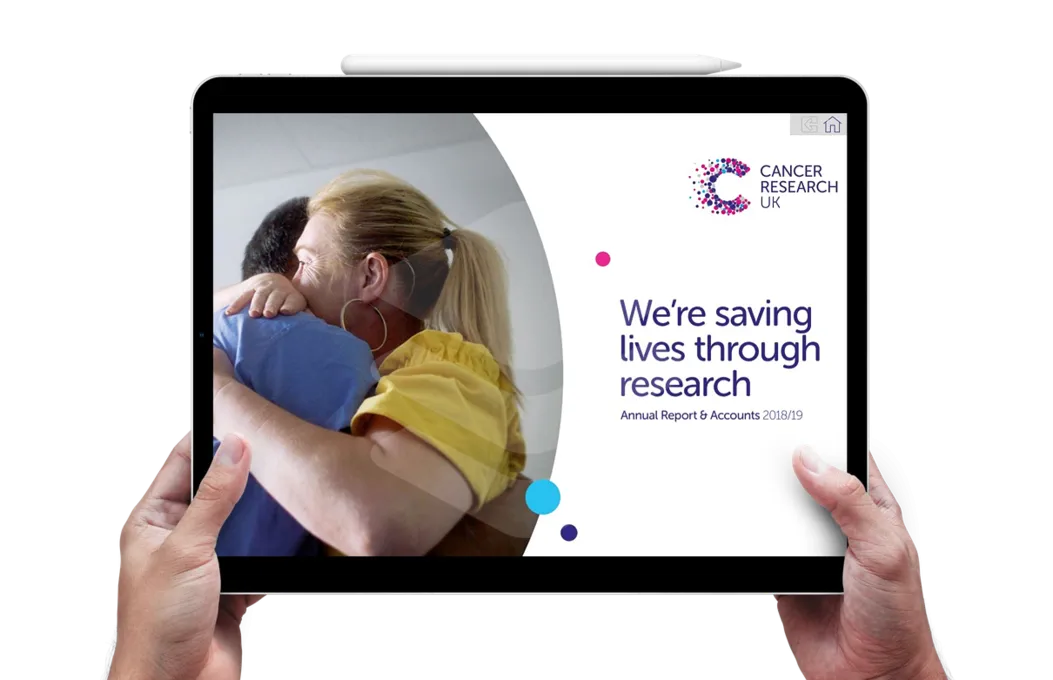 Front cover image for Cancer Research UK's Annual Reports and Accounts. Image shows a man and a woman embracing.