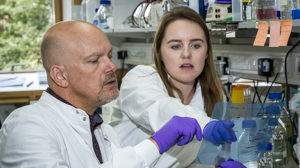 Babraham Institute group leader Dr Simon Cook and PhD student Emma Minihane discuss research results in the lab as part of the continuation of this research in the Cook lab. Image credit: the Babraham Institute.