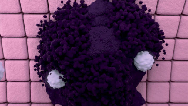 An illustration of T cells (white) attacking a tumour (purple)