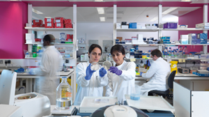 Women scientists in a lab looking at a Petri dish