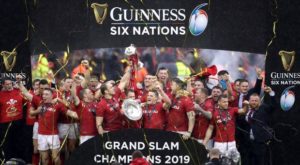 Wales lifting Six Nations trophy in 2019.