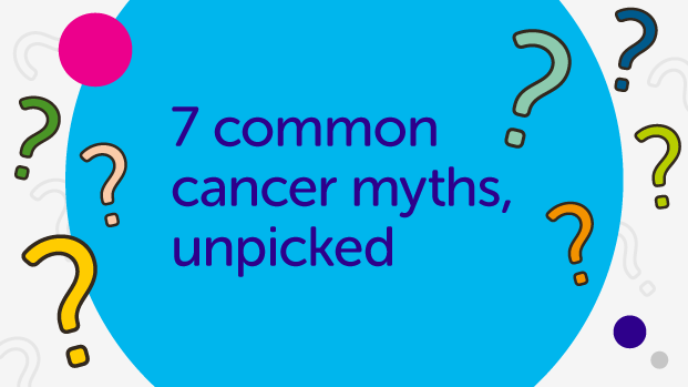 An illustration with text that reads "7 common cancer myths, unpicked".