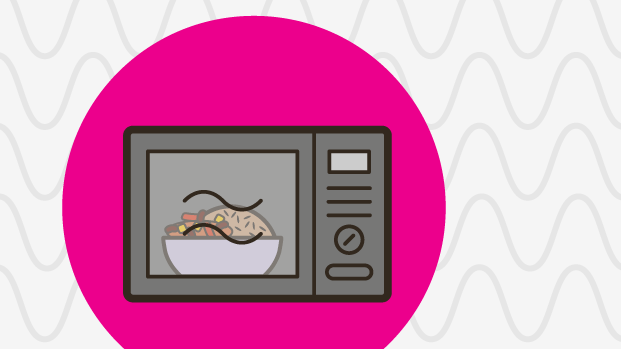 An illustration of a microwave heating food.