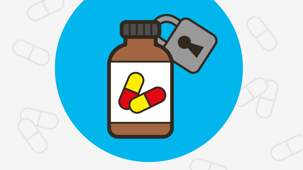 An illustration showing a bottle of cancer drugs with a lock on the lid. 