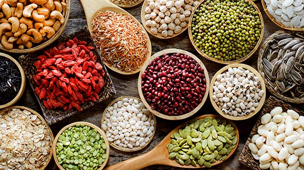 Piles of beans, pulses, grains and nuts