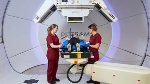 A patient undergoing proton beam therapy