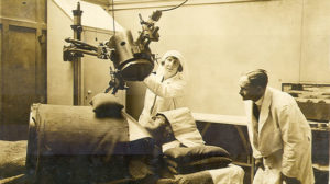 A patient undergoing radiotherapy to the jaw in about 1929