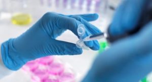 A scientist pipetting a sample into a tube