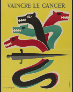 An old poster warning of the dangers of cancer - the many-headed hydra of Lerna here represents the ability of cancer cells to proliferate when some of them are extirpated