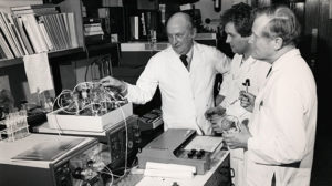 Mick Bulbrook, left, who pioneered the use of the breast cancer drug tamoxifen, at the Imperial Cancer Research Fund labs in the 70s.