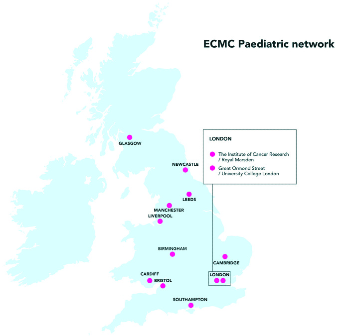 A map of the ECMC paediatric network, showing 12 centres across England, Scotland and Wales. 