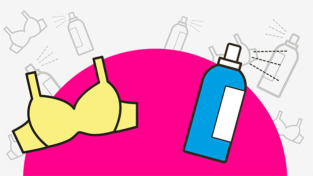 An illustration showing a bra and a can of deodorant.