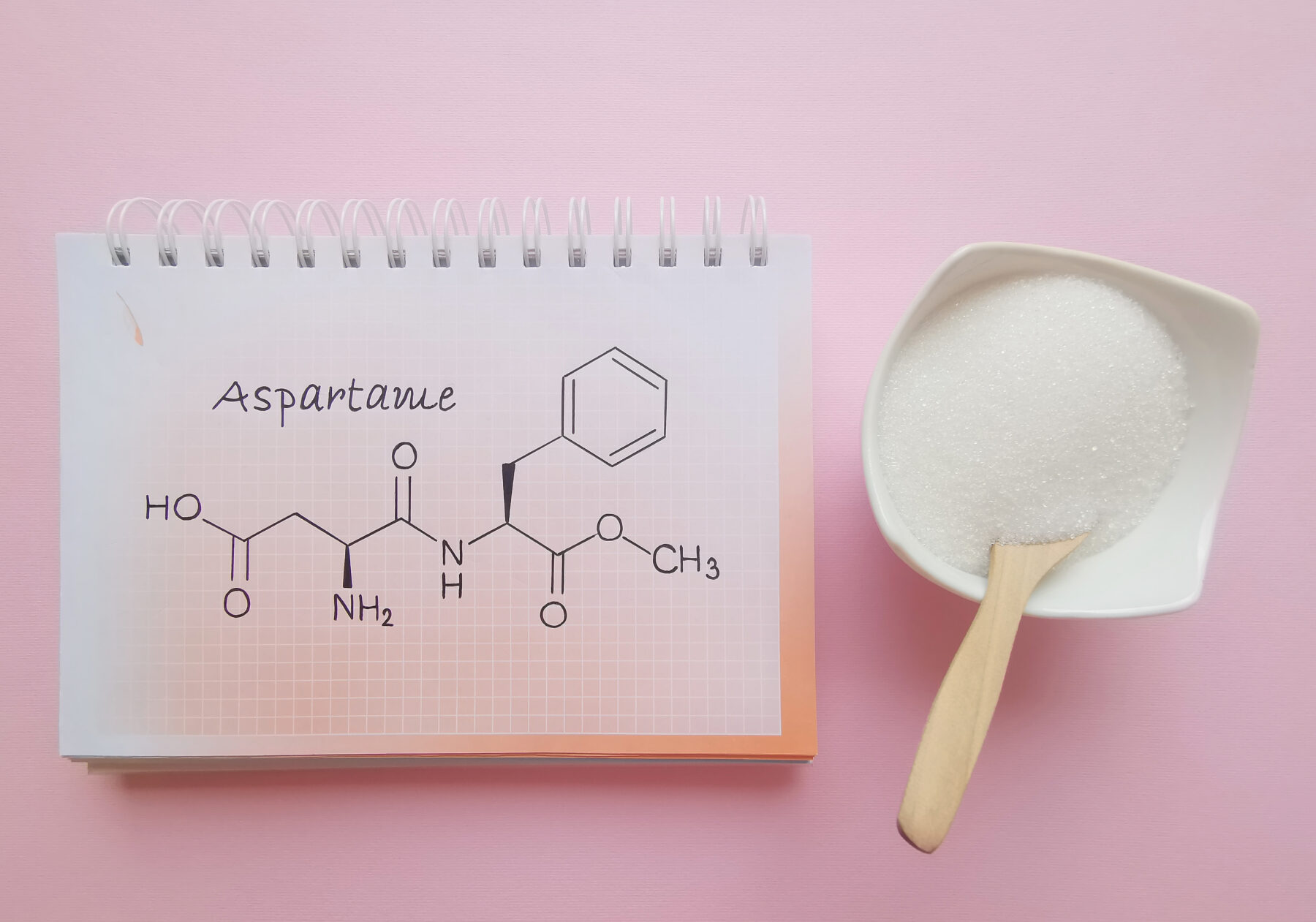 A bowl of sweetener and a notepad with the chemical structure of aspartame