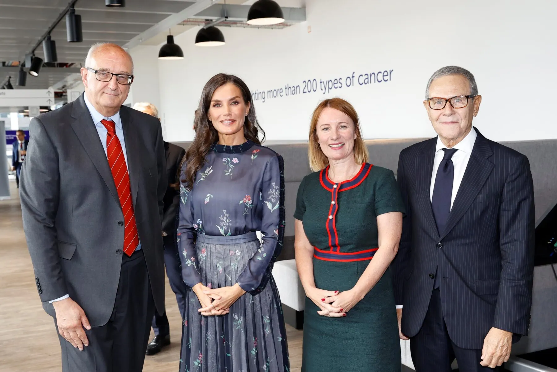 Queen Letizia of Spain with CRUK chairman Professor Sir Leszek Borysiewicz, chief executive Michelle Mitchell, and Ramon Reyes