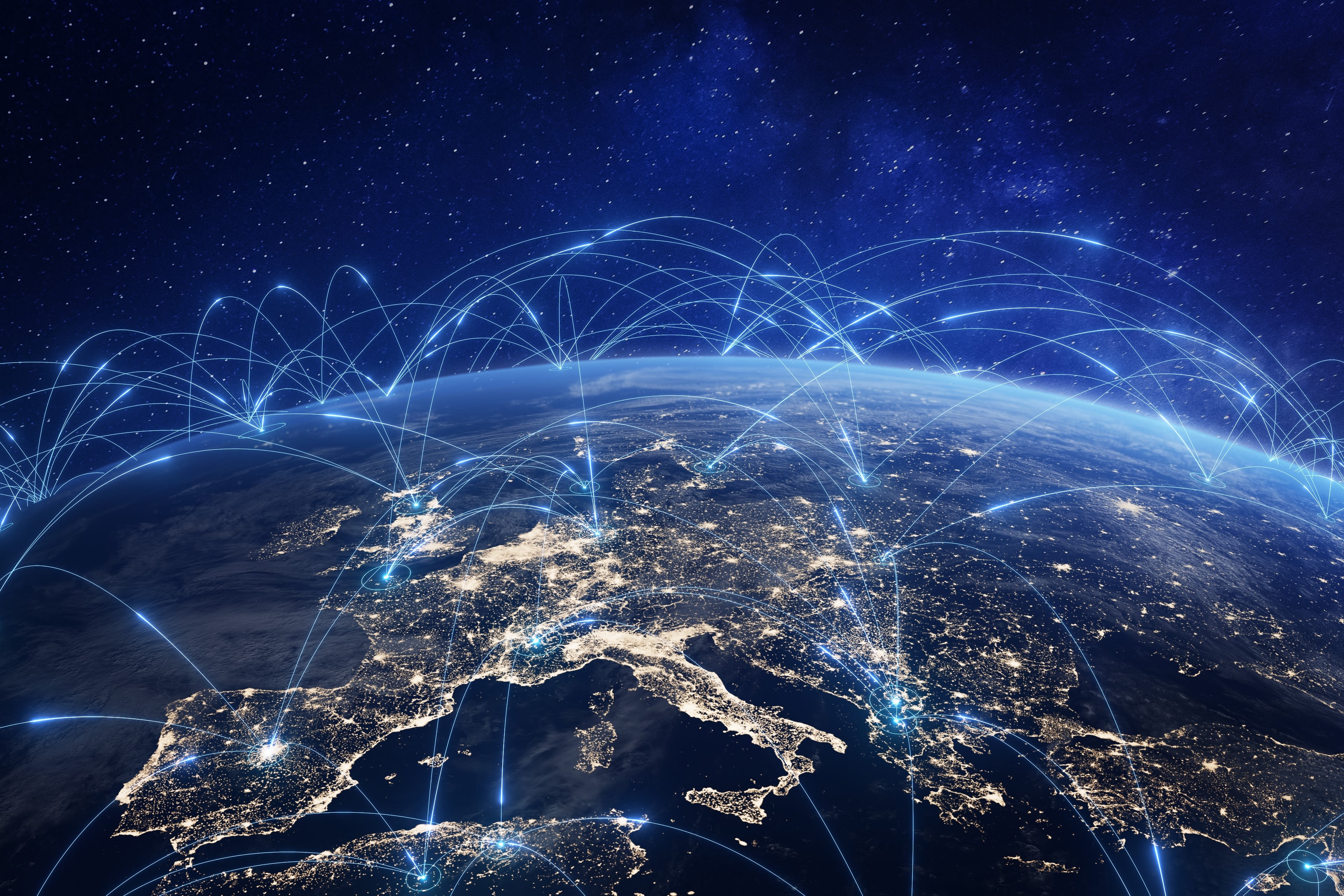 A picture of the world with lines joining different countries across the globe