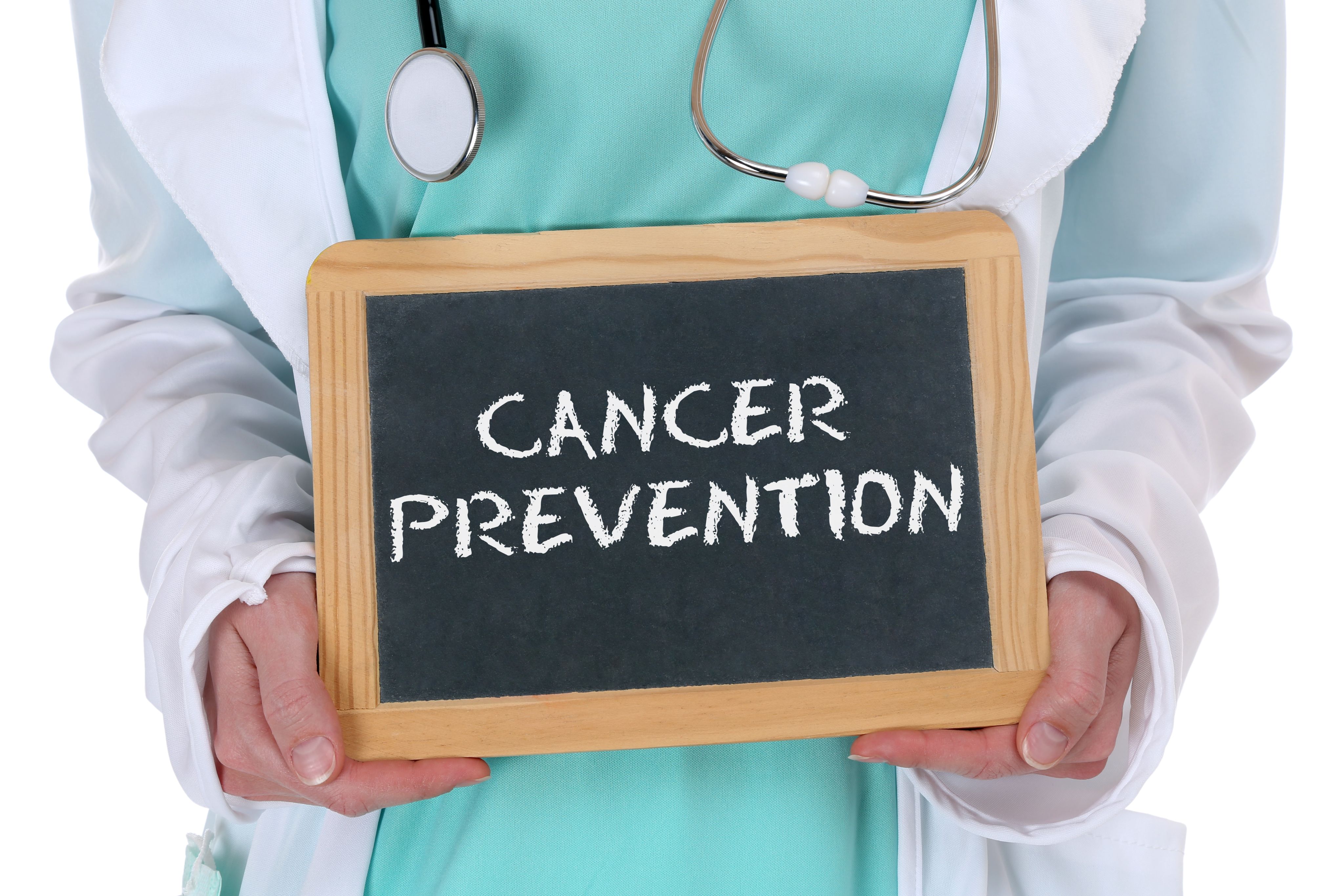 A doctor holding a sign that says 'Cancer Prevention'