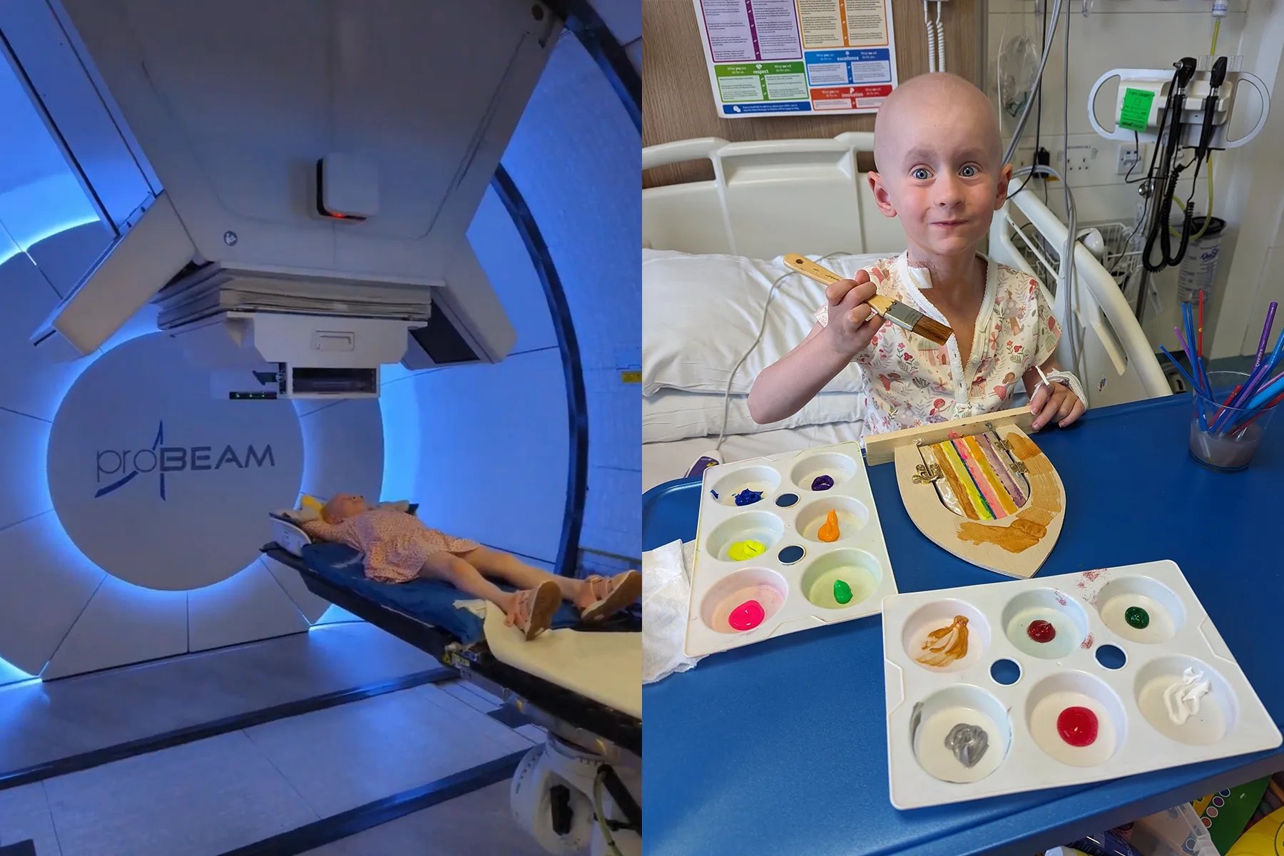 An image of Faye lying down in the proton beam therapy machine next to an image of her in hospital making decorations for a fundraising sale.