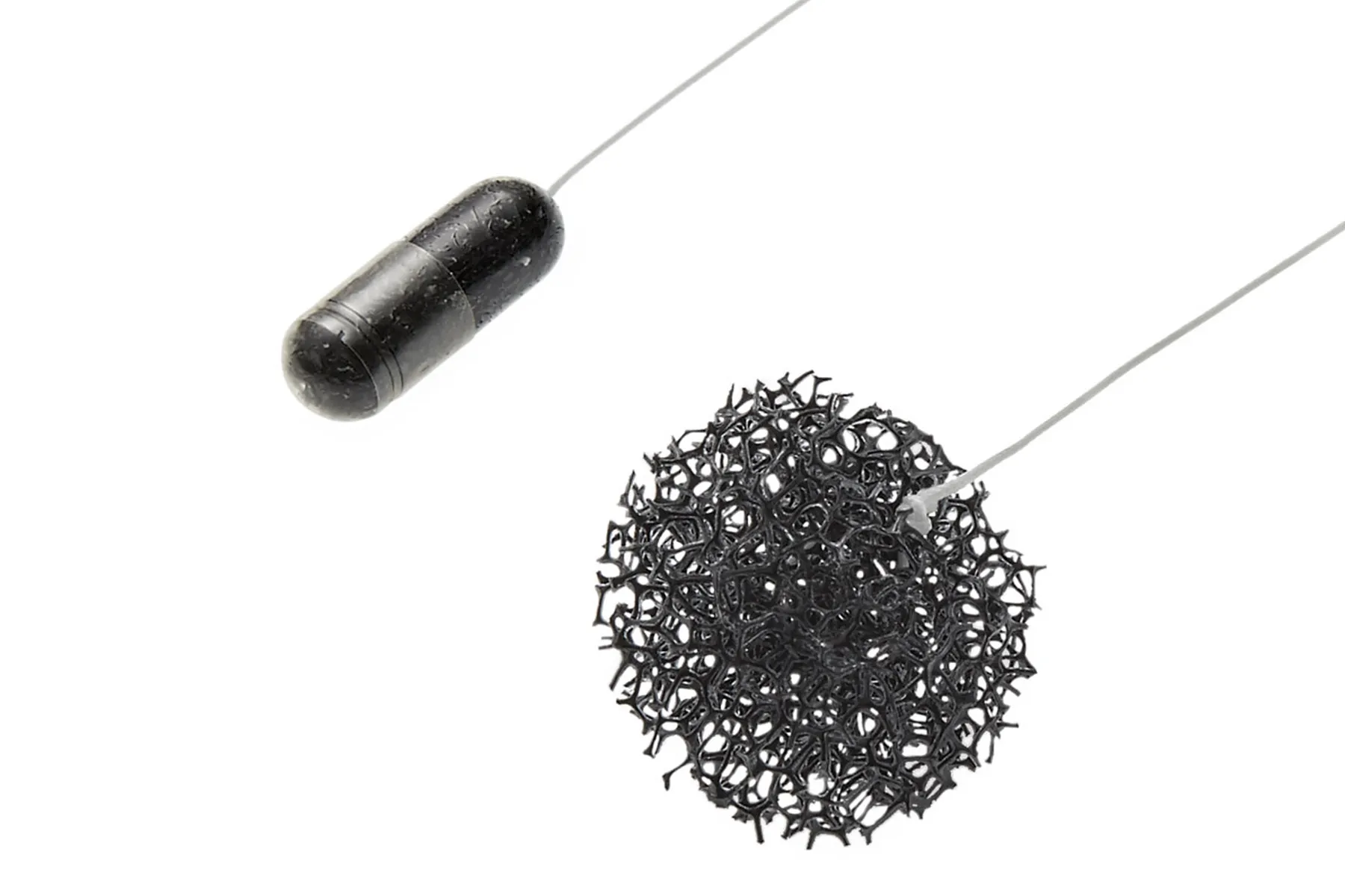 The capsule sponge shown in pill form and sponge form. Both are black and attached to a white thread.