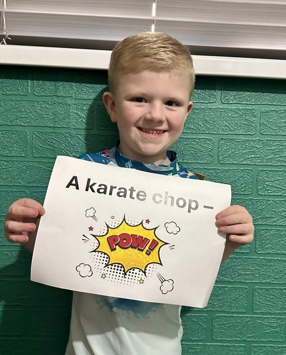 Stanley stands holding a sign that says 'A karate chop - POW!'