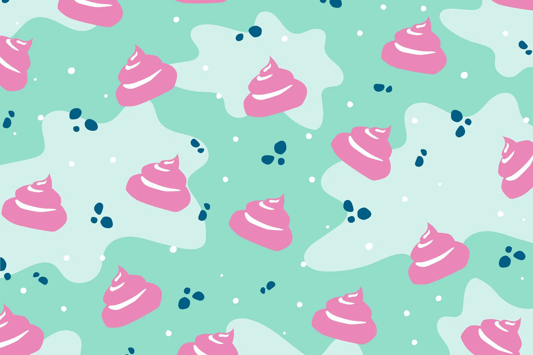 A pattern of pink poo icons on a turquoise background.