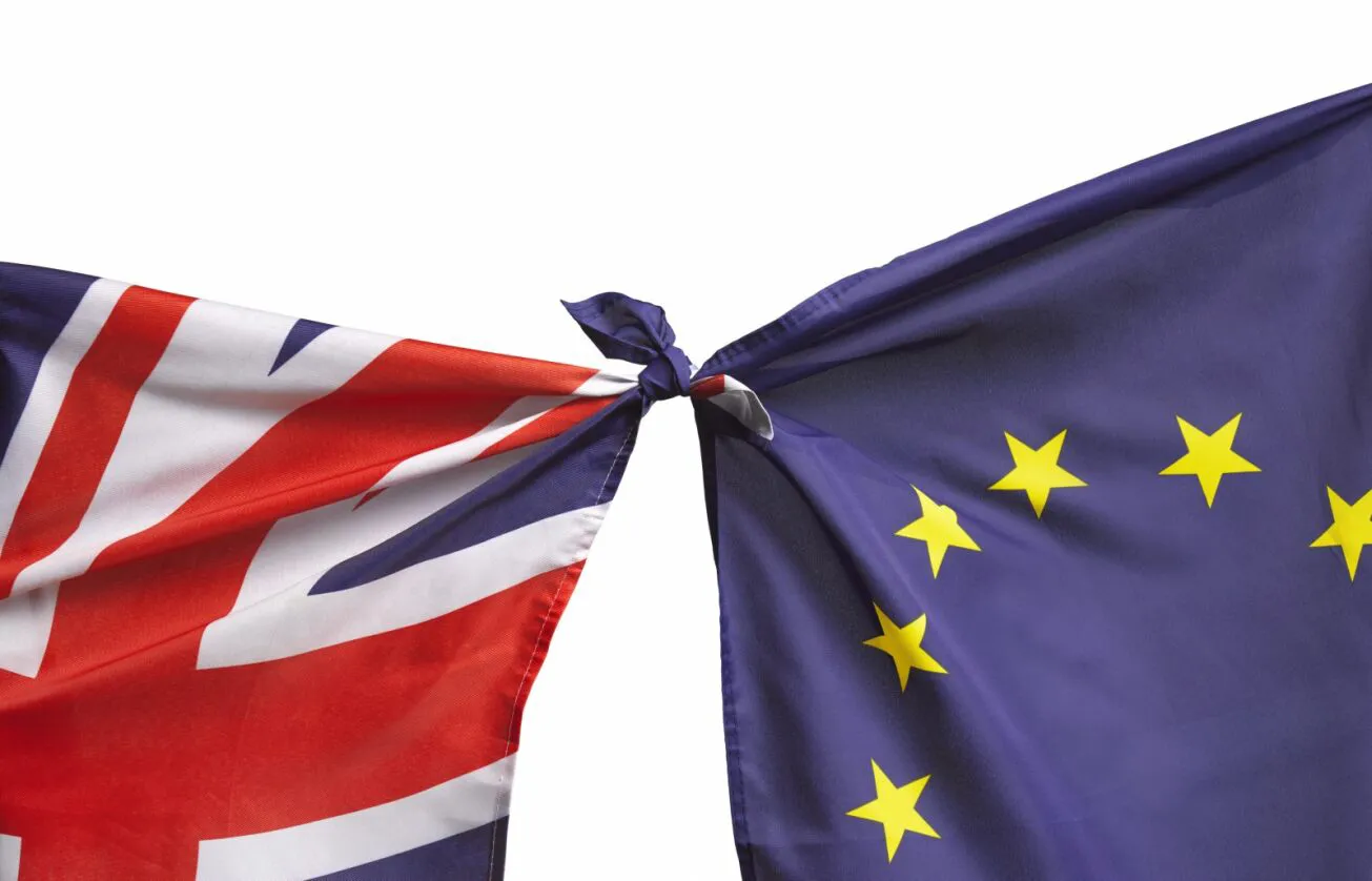 A union jack and EU flag tied together