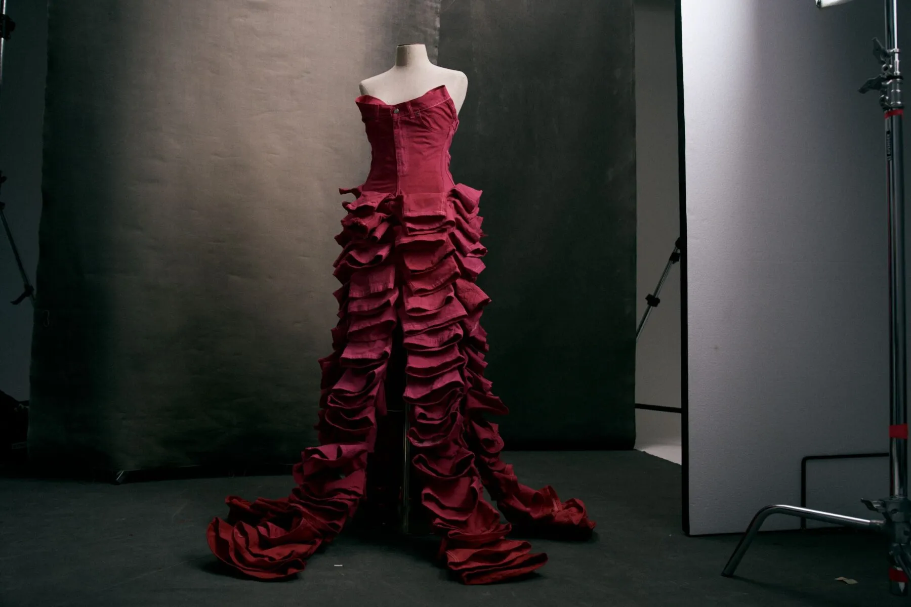 The 50-layer pink dress made from clothes donated to the TK Maxx Give Up Clothes for Good campaign showcases a tight bodice and a flowing train.