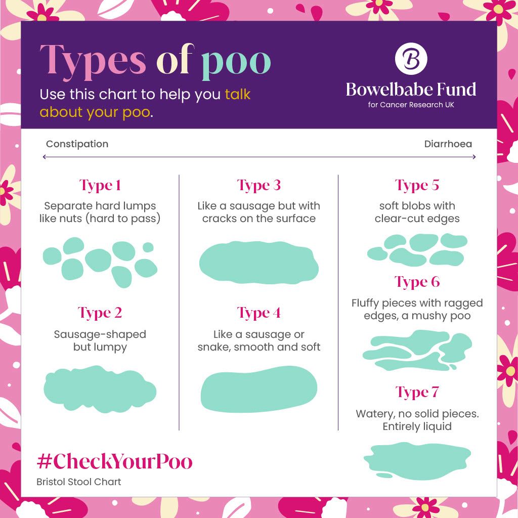A Bowelbabe Fund for Cancer Research UK-branded version of the Bristol Stool Chart, titled ‘Types of Poo – Use this chart to help you talk about your poo’. The chart divides poo into seven different types based mainly on their appearance. The lowest numbers indicate constipation and the highest indicate diarrhoea. Each poo type is accompanied by a 2D silhouette graphic matching the description. Type 1: Separate hard lumps like nuts (hard to pass) Type 2: Sausage-shaped but lumpy Type 3: Like a sausage but with cracks on the surface Type 4: Like a sausage or snake, smooth and soft Type 5: Soft blobs with clear-cut edges Type 6: Fluffy pieces with ragged edges, a mushy poo Type 7: Watery, no solid pieces. Entirely liquid.