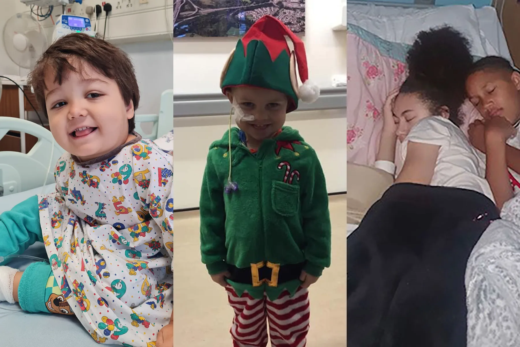 A composite image showing two children and one young person during their cancer treatment. On the left, three-year-old Max is sat on his hospital bed smiling. He is dressed in Paw Patrol trousers and a hospital gown with a cartoon alphabet design. In the centre, another toddler, Callum is stood in a hospital corridor dressed as a Christmas elf. He has a tube into his nose to provide extra oxygen. He is smiling broadly. On the right, 15-year old Nalia is sleeping in her hospital bed. Her younger brother Ellis is curled up next to her.