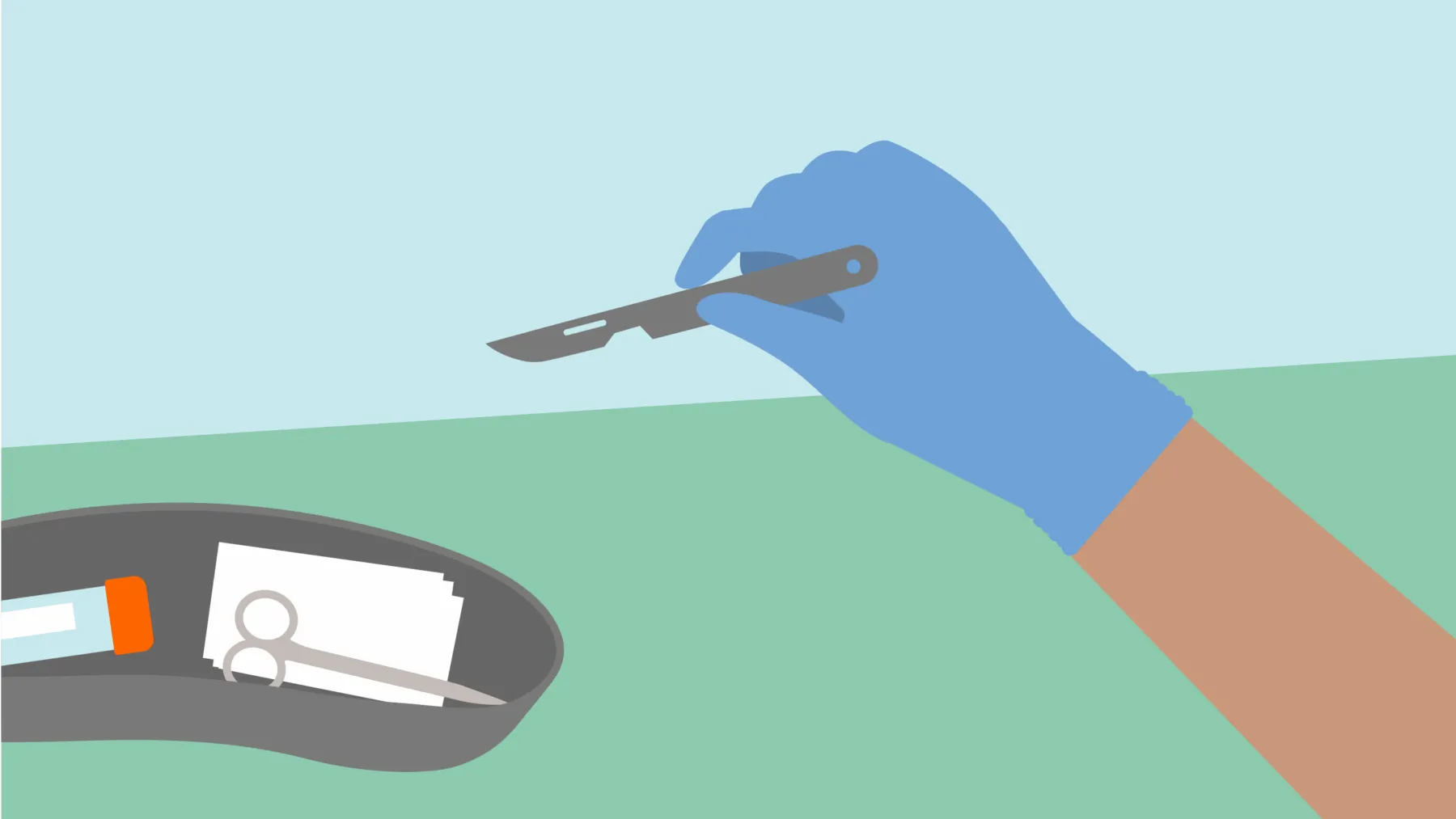 Hand in a glove holding a scalpel.