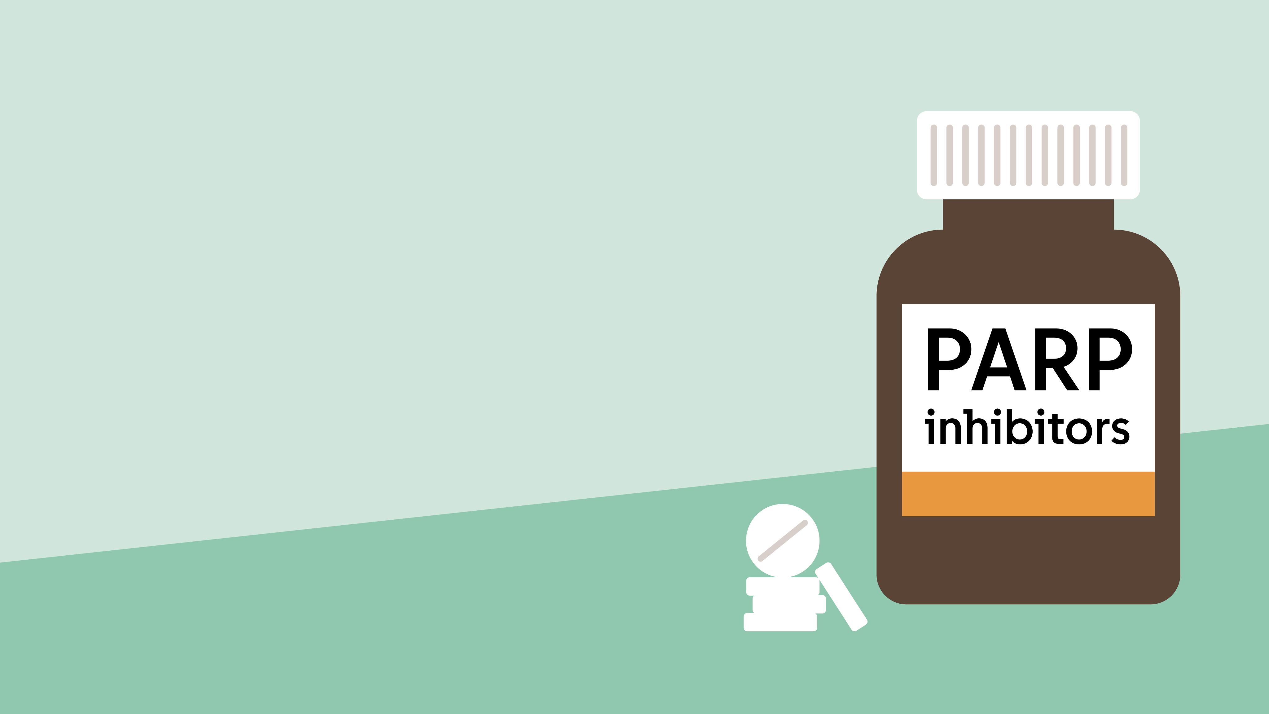 An illustration of a pill bottle with 'PARP inhibitors' written on the front