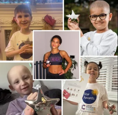 A collage of the five children holding their star trophy.