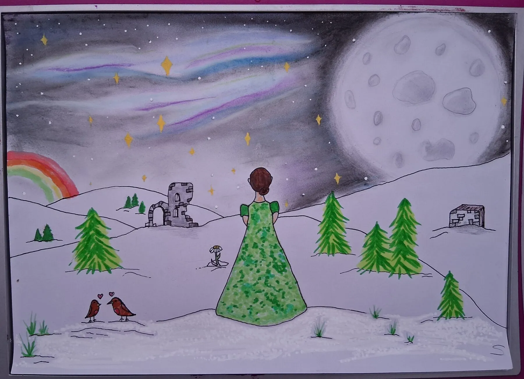 A hand drawn picture. There is a woman wearing a green dress, two birds, a rainbow and the moon and galaxy in the background.
