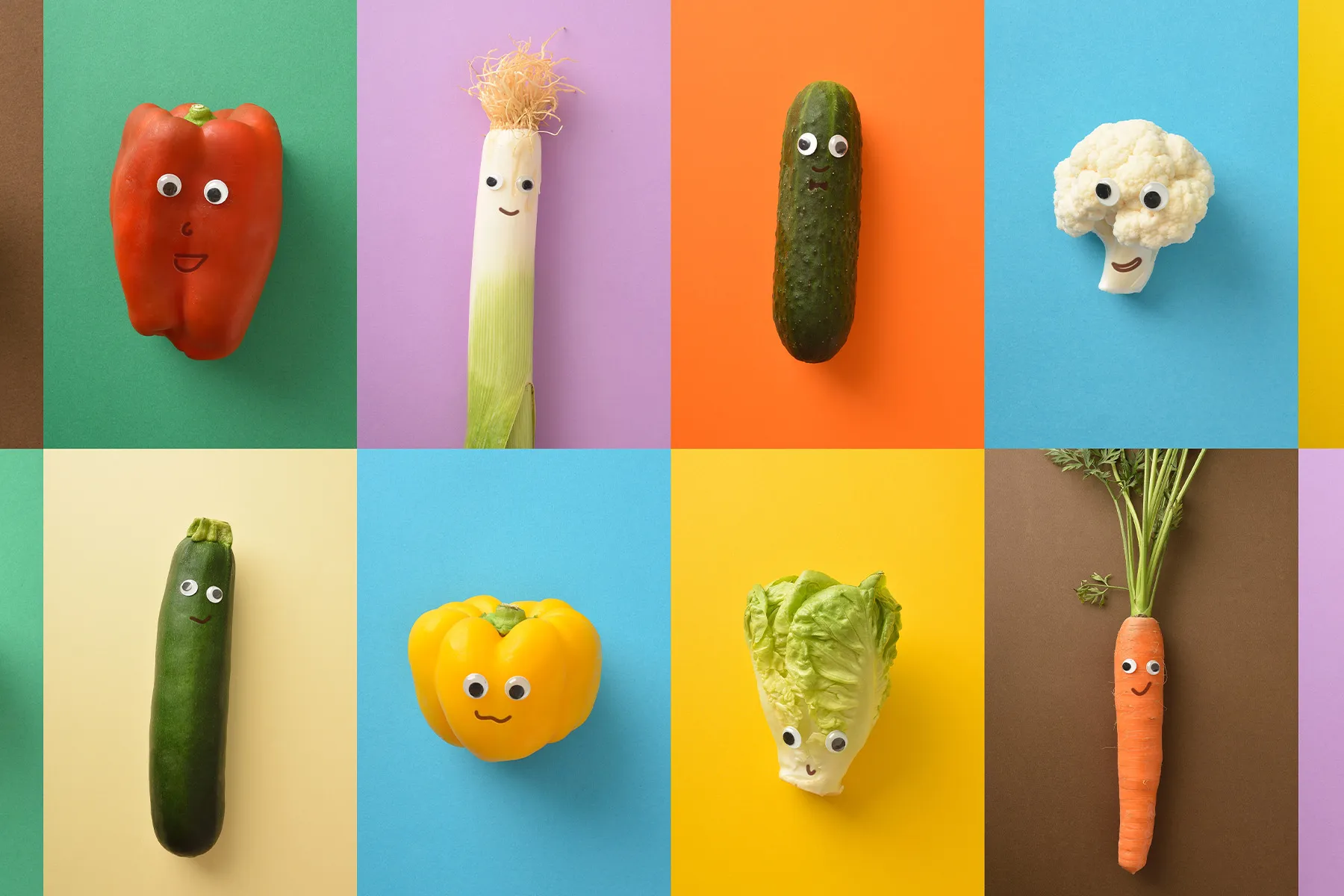A grid of pictures of vegetables with stick on googly eyes and smiles against colourful backgrounds.