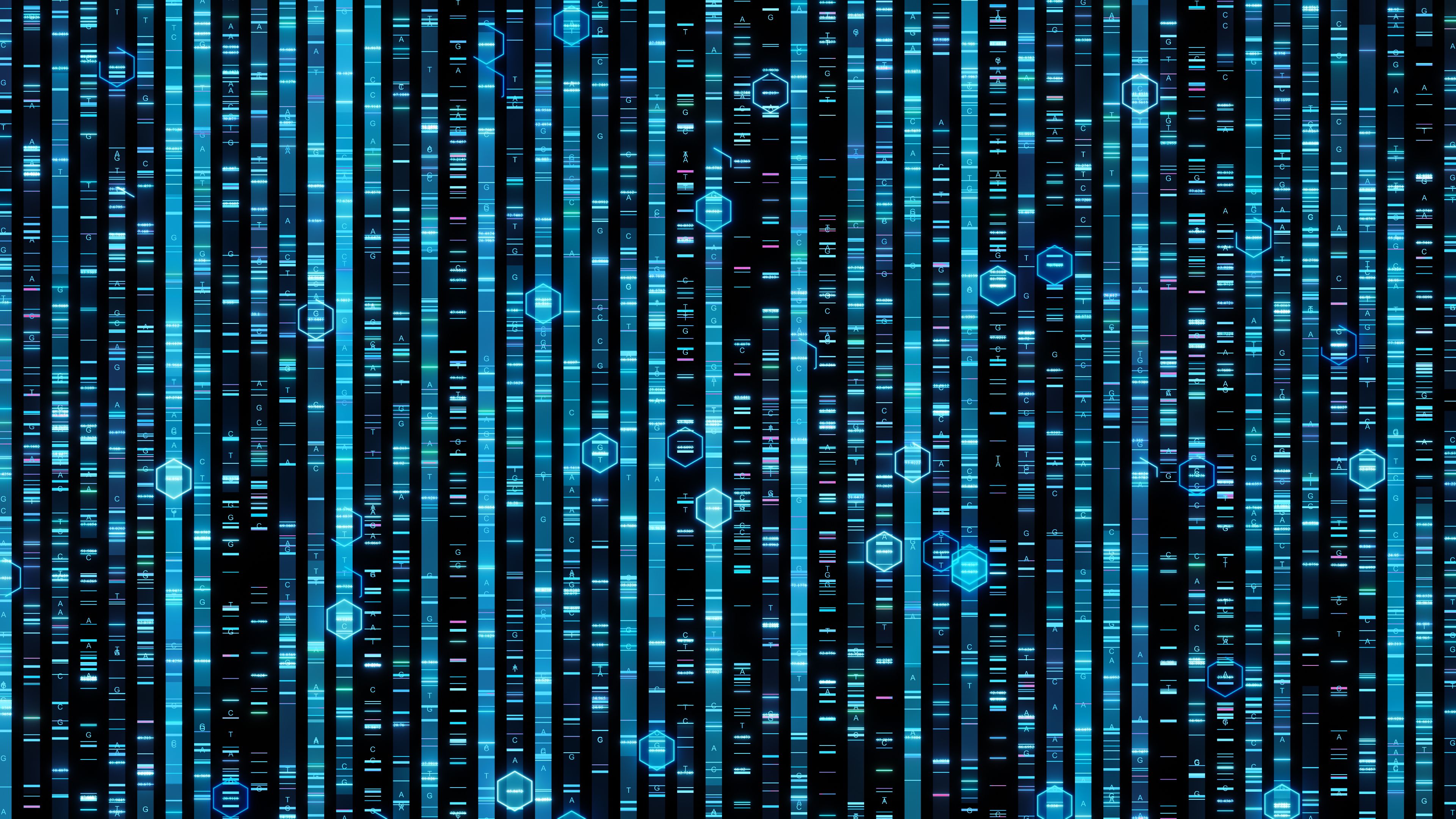 A computer graphic showing the data from a genomic test in shades of blue and pink.