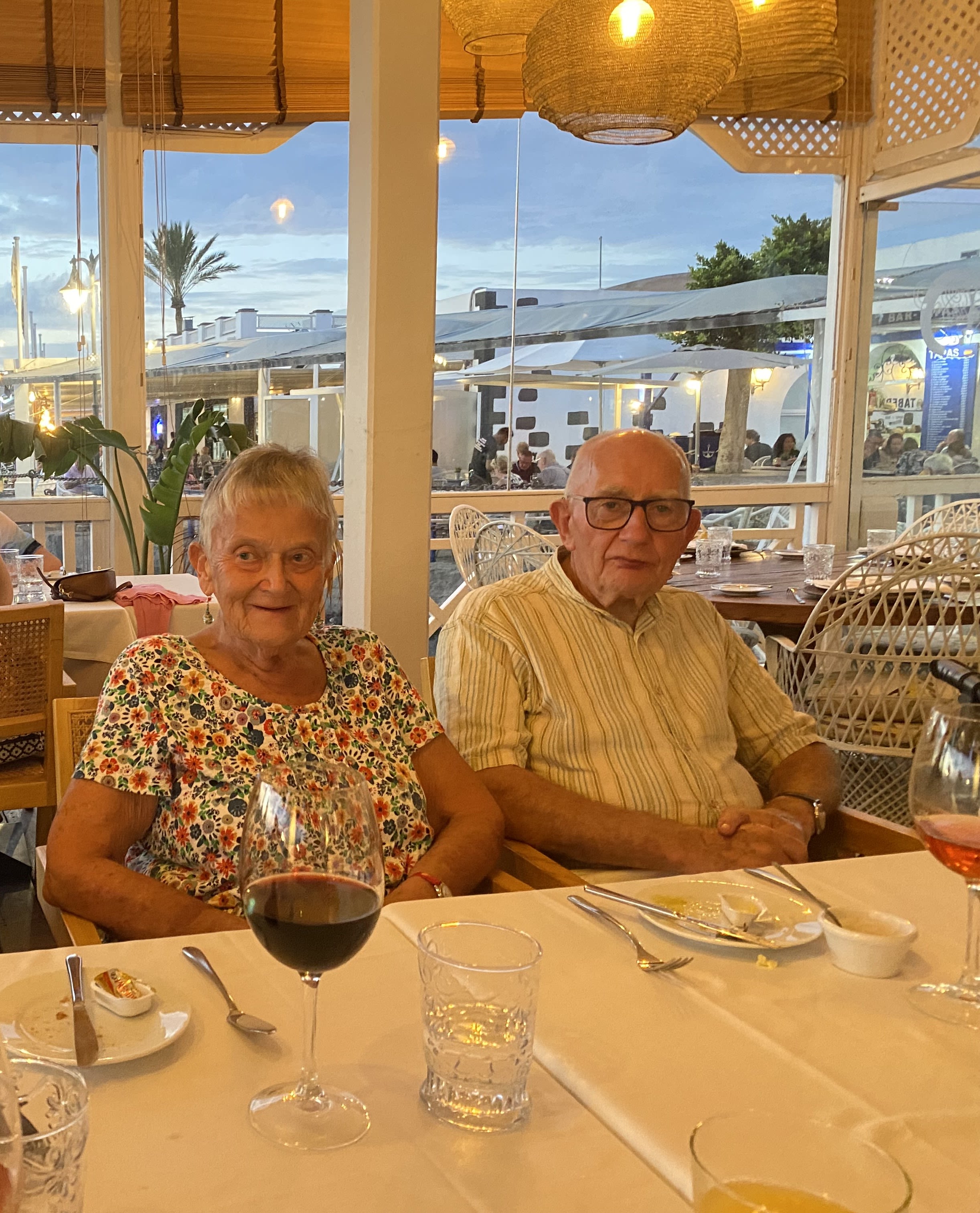Carol having dinner with her husband while on holiday in Lanzarote.
