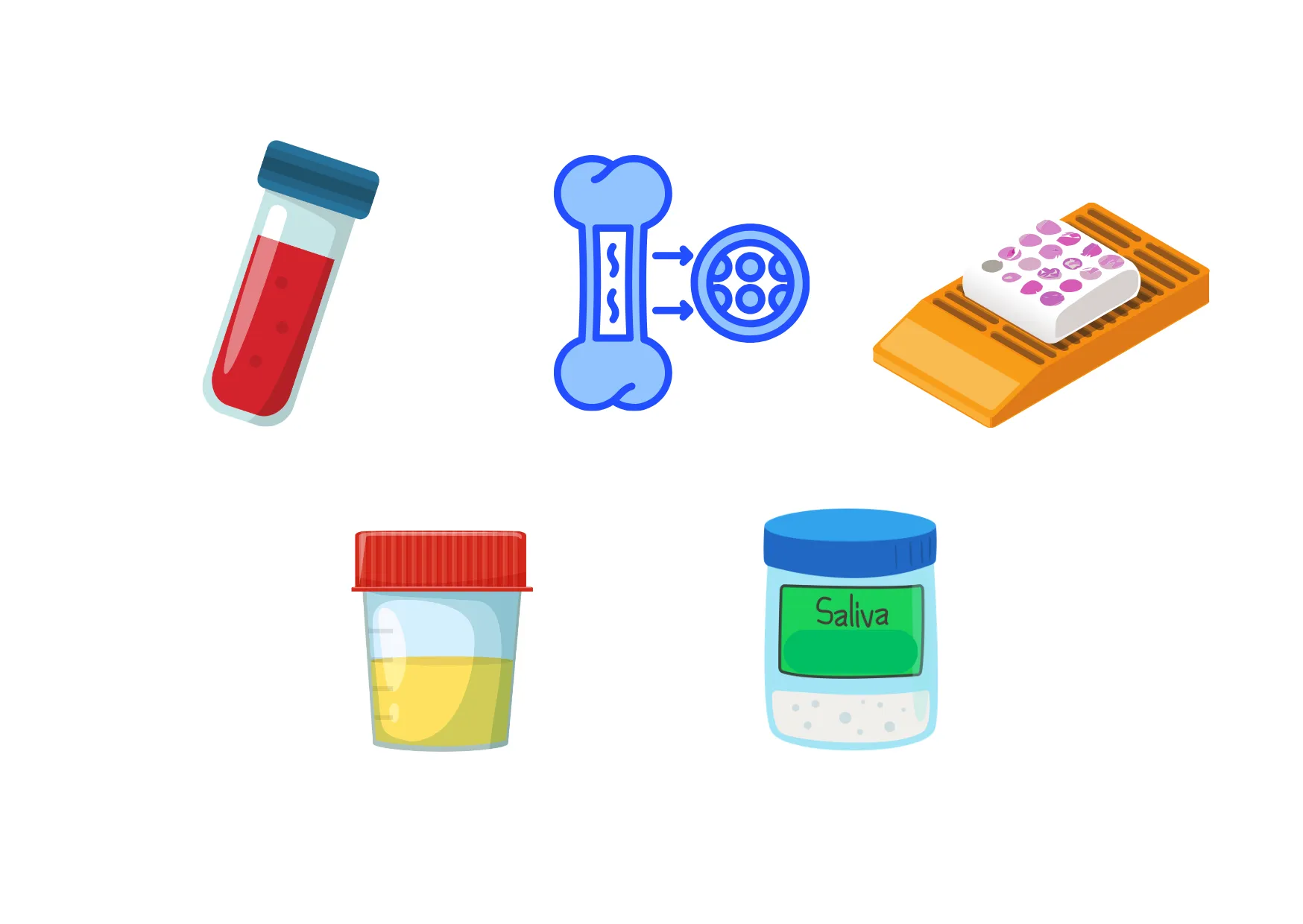 Icons showing a blood sample, cells taken from bone marrow, a tumour sample, a urine sample and a saliva sample.