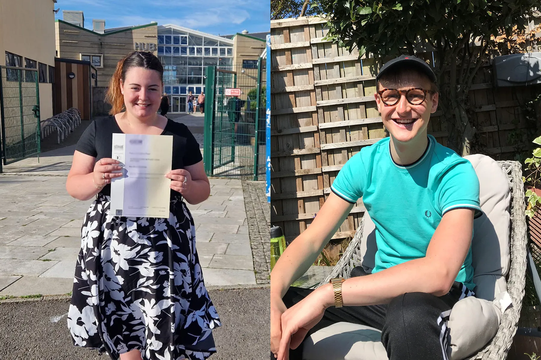 A composite image. On the left, a teenage girl standing outside a school holding a paper with her exam results. On the right, a young man is sat in a sunny garden smiling at the camera. He is wearing glasses, a black baseball cap, a teal t-shirt and a gold watch.